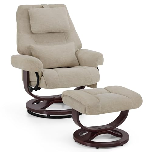 M MCombo Relaxsessel mit Liegefunktion, Lesesessel, 360° Drehbarer Fernsehsessel mit Hocker, mit Verstellbares Kopfkissen, Lendenkissen & Seitentasche, TV-Sessel für Wohnzimmer, 9046 (Beige-Stoff)