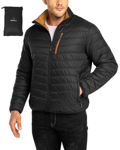 33,000ft Herren Steppjacke Packbare Übergangsjacke in Daunenjacken-Optik für Männer Gefütterte Pufferjacke Wasserabweisende Outdoorjacke mit Taschen für Herbst Frühlings Winter, Schwarz XL