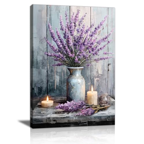 Lila Lavendel in der Vase Leinwand Bilder mit Rahmen Rustikal Landhausstil Kerze Wandbilder Motivierend Gemälde Bild Auf Leinwand Deko Wanddekoration für Badezimmer Schlafzimmer Wohnzimmer 30X40cm