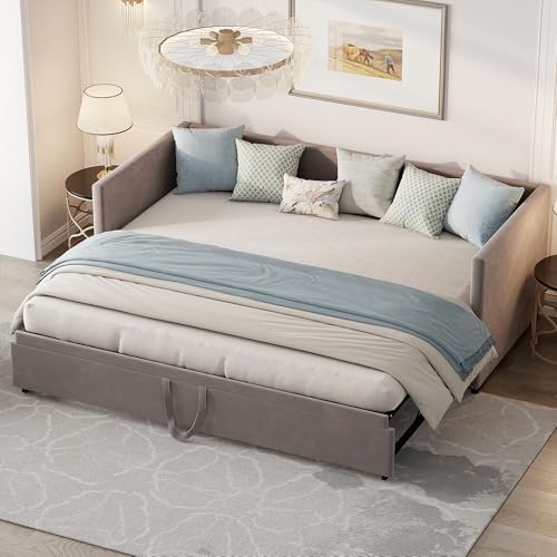 MISNODE Tagesbett Ausziehbar 90/180x200 cm, Schlafcouch Polsterbett Ausziehbar mit Gästebett, Samtstoff Bett Ausziehbar zum Doppelbett, Schlafsofa für Erwachsene 2 Personen, ohne Matratze (Grau)