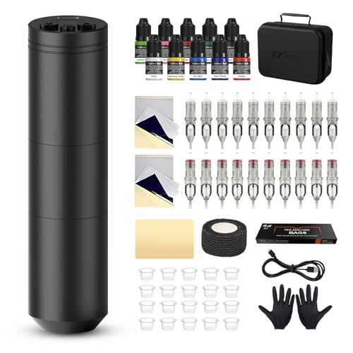 EZ Tattoo Maschinen Set - Tattoo Set mit Kabelloser Tattoo Maschine, 1500mAh Stromversorgung Akku, 20 Stück Tattoo Nadeln and 10 Farben Tinten für Tattoo Anfänger und Künstler (Lancer Schwarz)