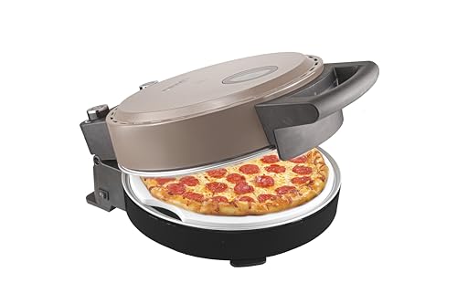 Bestron Pizzaofen für knusprige Pizzen in 5-10 Minuten, elektischer Pizzaofen mit bis zu echten 320°C Höchsttemperatur, inkl. Schamottstein & 2 große Holzspatel, Satin Collection, Farbe: Beige