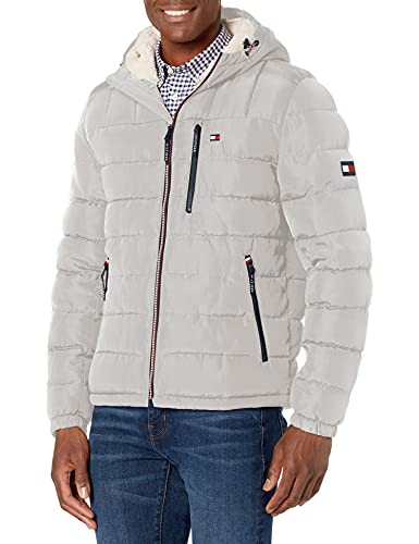 Tommy Hilfiger mittelschwere wasserabweisende Pufferjacke für Herren mit Sherpa-Futter und Kapuze, XL