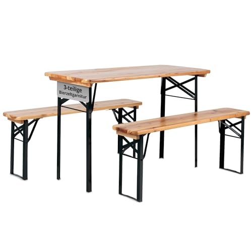 Stagecaptain BB-117 NT Hirschgarten Bierzeltgarnitur für Balkon - kurze Version 117 cm Länge - Klappbare Festzeltgarnitur 1x Tisch 2x Bank - Sitzgarnitur aus Holz - Für Innen- und Außenbereich - Natur