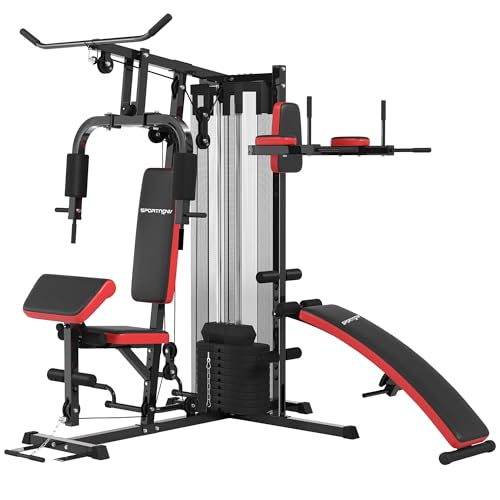 SPORTNOW Kraftstation, Multifunktionale Fitnessstation mit Butterfly- & Latzugstange, Curler, Brustpresse, Sit-Up-Bank, Fitnessgerät mit 65 kg Gewichtsblöcken, Schutzabdeckung, für Zuhause, Schwarz