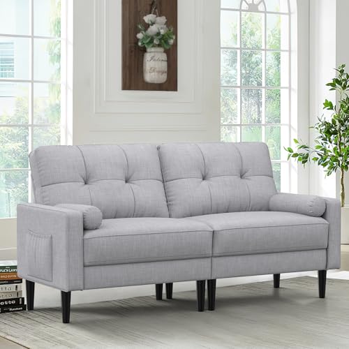 Aotumm Ciort Sofa 2 Sitzer, Modernes Design Mit Dicken Polstern, 2 Kissen, Bequemes Leinensofa Mit 2 Staufächern für Wohnzimmer/Schlafzimmer/Büro, Leicht Zusammenzubauendes Kleines Möbelstück, Grau