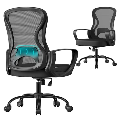 SONGMICS Bürostuhl ergonomisch, Drehstuhl mit Netzgewebe, Schreibtischstuhl mit Lendenstütze, Wippfunktion, Armlehnen, für Arbeitszimmer, Schlafzimmer, tintenschwarz OBN043BH02