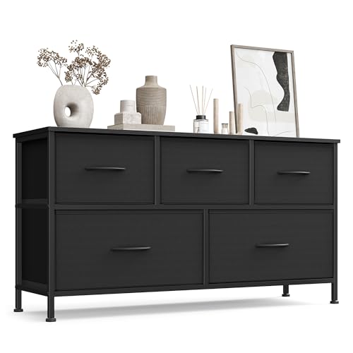 SONGMICS Kommode, Schrank, 5 Stoffschubladen, Aufbewahrungsschrank, Stahl, MDF, Vliesstoff, für Schlafzimmer, Flur, Wohnzimmer, tintenschwarz-ebenholzschwarz LGS322BH03