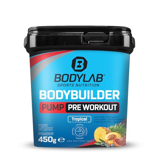Bodylab24 Bodybuilder Pump Pre Workout Tropical 450g, mit L-Citrullin, L-Arginin, Vitaminen, Mineralstoffen, Glycerin, Dextrin und verschiedenen Pflanzenextrakten, lecker und fruchtig im Geschmack