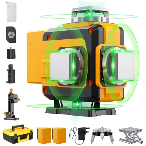 Kreuzlinienlaser Grün 16 Linien Nivellierlaser，4 x 360 °Laser Wasserwaage Selbstnivellierend, Linienlaser kreuzlaser Baulaser für Konstruktion und Ausrichtun, mit 2 x 4800 mAh Batterie
