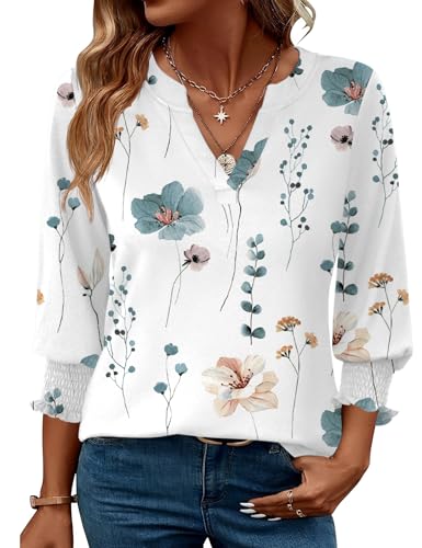 Rapbin Damen Mode Elegant Bluse 3/4 Ärmel langerm Tunika Sommer Top Lässig Locker Oberteil 2025 (XXL, Weiß Blau Blumen)