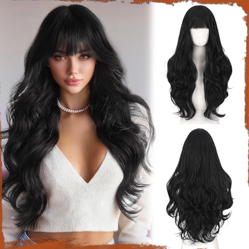 Sofeiyan Gewellte Lange Perücke,60 cm Natürliches Schwarz Hitzebeständige Perücken mit Pony,Synthetische Naturhaar für Frauen,Geeignet für den Täglich Partys Festliche Cosplay