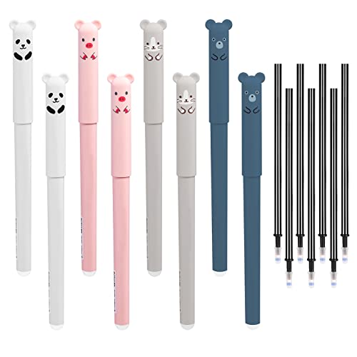 Ailvor Radierbarer Kugelschreiber, 8 Stück Tintenroller Radierbar mit 20 Nachfüllungen, Cartoon Löschbarer Stift, 0.35mm Erasable Pen Set für Studenten Geschenk, Schul Bürobedarf(Schwarz)