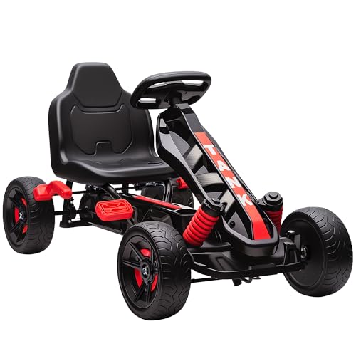AIYAPLAY Gokart Tretauto mit Handbremse, Automatisches Kupplungssystem, Vor- und Rückwärtsgang, Tretfahrzeug mit rutschfest Eva-Räder Kinderfahrzeug Pedal-Gokart für Kinder 3-6 Jahren Rot