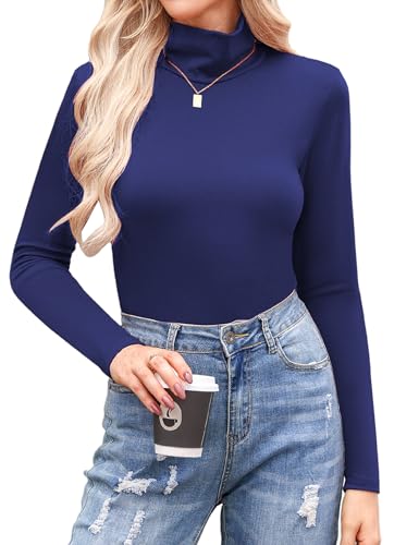 Aottori Damen Langarmshirt Rollkragen Baumwolle Unterwäsche Elegant Rollkragenshirt Stretch Basic Tops Thermooberteile Tunika T-Shirt Sexy Winter Blau L