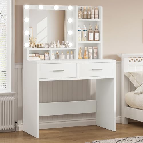 FIONESO Schminktisch mit LED-Beleuchtung und Steckdose, Schminktisch mit Spiegel, Kosmetiktisch mit 2 Schubladen und 2 Fächern, Zeitgenössischer Stil, Frisiertisch für das Schlafzimmer, Weiß