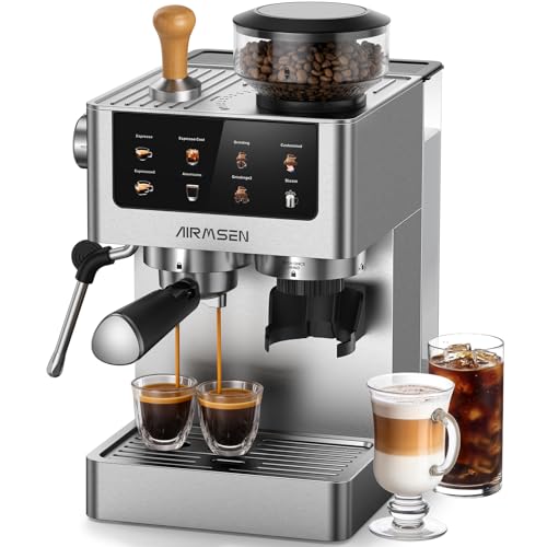 AIRMSEN Siebträgermaschine Espressomaschine mit Kegelmahlwerk & Milchschäumer – 20 Bar, Touchscreen, Edelstahl, 1,8L Wassertank, für Cold Brew/Americano, Haushalts-Kaffeemaschine