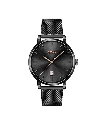 BOSS Analog Quarzuhr für Herren Kollektion Confidence mit Schwarzes Edelstahl-Mesh-Gliederarmband - 1513810