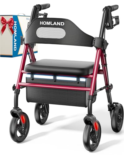 HOMLAND Faltbarer Rollator mit Sitz für Senioren, 8 Zoll große Räder, 158 kg Tragkraft, verstellbare Griffe und Sitzhöhe, Leichter Rollator, rot