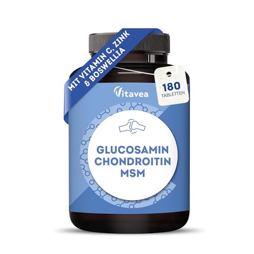 Glucosamin Chondroitin MSM – 180 Tabletten - Mit Vitamin C, Zinc, Boswellia - Für Knochen, Knorpel, Kollagenbildung - Gelenkkapseln - Laborgeprüft, Ohne Zusatzstoffe - Vitavea