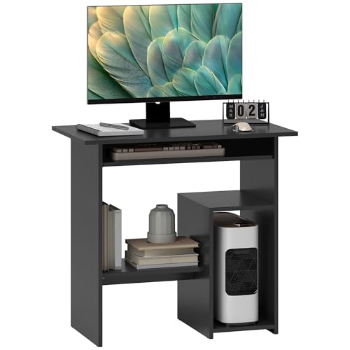 HOMCOM Schreibtisch, 80 x 45 cm, Computertisch, Bürotisch mit Tastaturablage, offenen Fächern und Ablageflächen, Spanplatte, für Home Office, Schlafzimmer, Schwarz