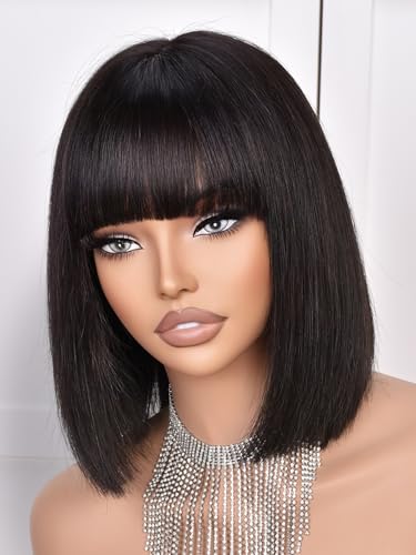 CoCrowns Bob Perücke Echthaar 210% Dichte Bob Perücke mit Pony 100% Echthaar Perücken für Schwarze Frauen Vorgebleicht Glueless Straight Bob Perücken (Schwarz)