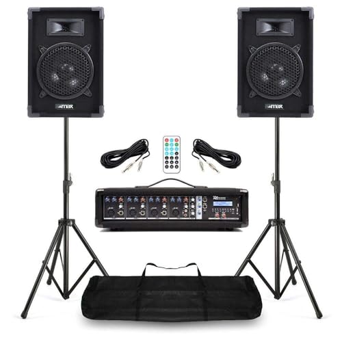 Power Dynamics & MAX PA Anlage Komplett Set – 8 Zoll Lautsprecher mit Stativ – 4 Kanal Mixer mit Verstärker & Echo – 800 Watt Musik Anlage mit Bluetooth, USB, SD & Tasche