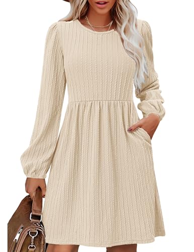 Zeagoo Strickkleid Damen Herbstkleid A-Linie Kleid Langarm Herbst Kleider Knielang Winterkleid mit Taschen Beige M