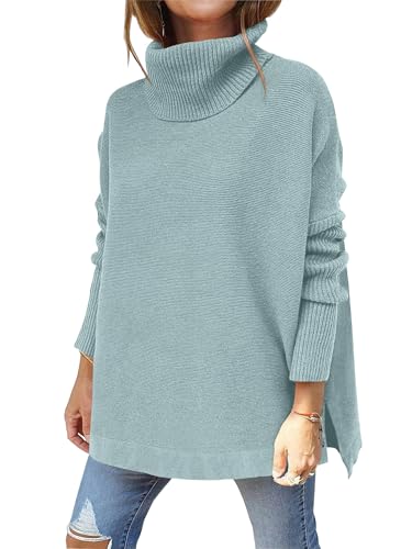 Hormtaer Pullover Damen Winter Rollkragenpullover Warm Oversized Strickpullover Rollkragen Stricken Pulli Grobstrickpullover Sport Sweatshirt Casual Lose Langarm Oberteile (Hellblau, L)