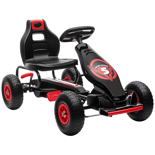 HOMCOM Gokart, Kinderfahrzeug mit 3-stufigen verstellbarem Sitz, Tretfahrzeug mit Gummireifen, Pedal und Handbremse, Kettcar für 5-12 Jahre Kinder bis 50 kg, Outdoor, Rot