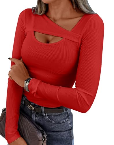 VAFFUL Damen Sexy Oberteil Asymmetrischer Ausschnitt Langarm Basic Tee Shirts Elegant Slim Fit Langarmshirt Stretch Casual Tops