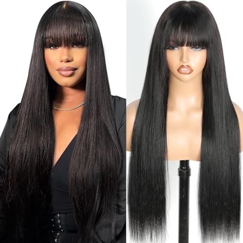 Junemet 18 Zoll Echthaar Perücke mit Pony Straight Perücke Damen Echthaar 2x4 HD Lace Human Hair Wig with Bangs for Women Wear and Go Glueless Human Hair Wig Natürliche Farbe (45cm)