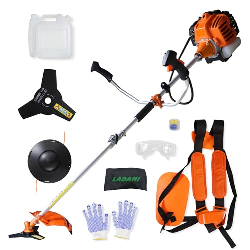 LADAMI Benzin Motorsense 52cc 2-Takt Rasentrimmer – 2-in-1 Multifunktion 3 PS Einzylinder-Motor mit 3-Zahn-Messer & Nylonschnur-Spule, Leistungsstark & Zuverlässig für Garten und Feld