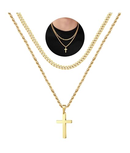 SLOONG Kreuz Kette Herren Damen Gold Kette mit Kreuz Anhänger Kreuzkette Panzerkette Layering Cross Halskette Herren Damen Christentum Schmuck Geschenke (Gold 24inch/22inch)