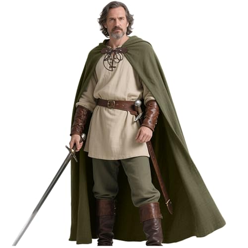 keland Mittelalter Umhang Leinen Kapuzenumhang Renaissance für Damen Herren Halloween (Grün-1)