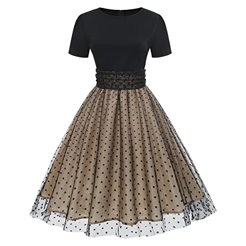 Odizli Rockabilly Kleider Damen 50er Jahre Petticoat Kleid Vintage Elegant Retro Kurzarm Mesh Polka Dot Tüllkleid Sommer Swing Coctailkleid Festlich Hochzeit Partykleid Kurz Abendkleid Schwarz L