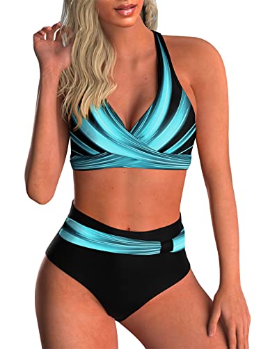Adigaber Damen Zweiteiliger Badeanzug V Ausschnitt überkreuztes Blumenmuster Bikini Bademode Bauchkontrolle Bikini Sets
