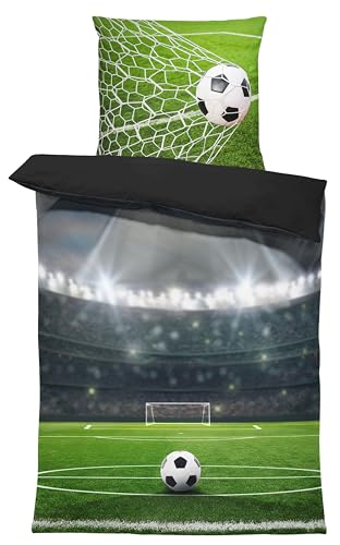 one-home Bettwäsche 135x200 cm Mikrofaser Bettbezug Kinderbettwäsche Fotodruck modern weich und kuschelig für Sommer und Winter geeignet, Farbe:Fußball Stadion grün, Größe:2 teilig 135x200 cm