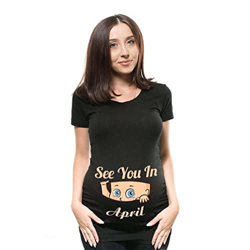 SUIUOI Damen Umstands-T-Shirt Top, lustiges Shirt Schwangerschaft Kurzarm T-Shirt Rundhals Tee niedliches Top mit Druckmuster Mama Kleidung, April Black, XXL