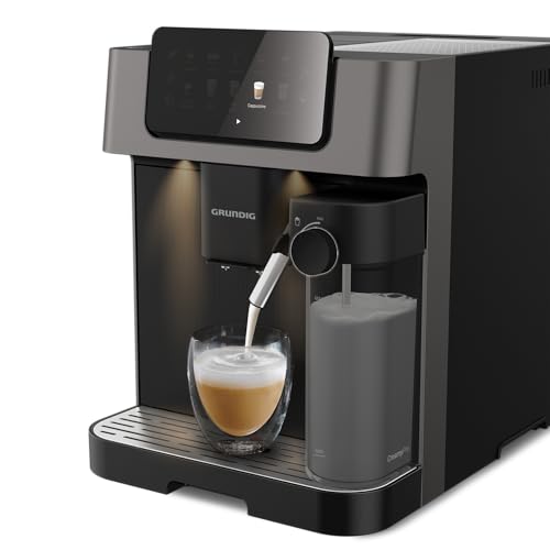 GRUNDIG KVA 7230 Kaffeevollautomat, Kaffeemaschine, 10 Kaffeespezialitäten, 13 Mahlgrade, Milchbehälter, leistungsstark 1350 W, 19 Bar Pumpendruck, Zweifachdüse, Beleuchtung, Schwarz/Dunkelsilber