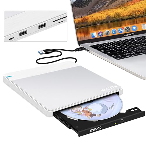 NOLYTH Externes DVD Laufwerk für MacBook: USB 3.0 Typ-C CD Brenner Extern mit SD/TF/2 USB Ports für Laptop PC - Tragbar Plug & Play Schnelle Datenübertragung für Mac Windows 11/10