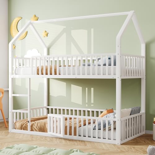 Kinderbett Etagenbett 90x200, Hochbett Hausbett mit Dach&Treppe&Tür, Metallbett mit Rausfallschutz, Einzelbett Bettgestell Jugendbett Stockbett Familienbett Loft Bett Spielbett, Ohne Matratze, Weiß
