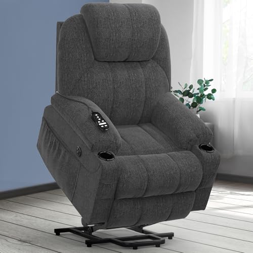 YONISEE Fernsehsessel Elektrisch Verstellbar, Aufstehhilfe Massagesessel mit Massage Wärmefunktion Seniorensessel, Relaxliege mit Fußteil, 2 Seitentaschen und Getränkehalter,USB-Anschlüsse, Grau