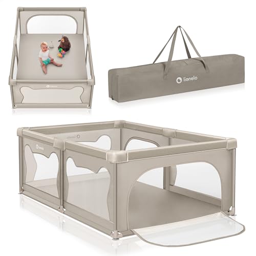 LIONELO WILLOW Laufgitter Baby, ab 0-48 Monaten große Fläche 120 cm x 180 cm x 68 cm mit Seitenwände aus atmungsaktiven, strapazierfähigem Netzstoff, 2 Seitliche Eingänge mit einem Reißverschluss