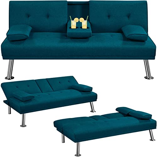Yaheetech Klappbares Schlafsofa Couch Sofa mit Schlaffunktion Bettsofa mit Großer Liegefläche von 167 cm L × 94 cm B fürs Wohnzimmer/Schlafzimmer/Heimkino/Gästezimmer Blau