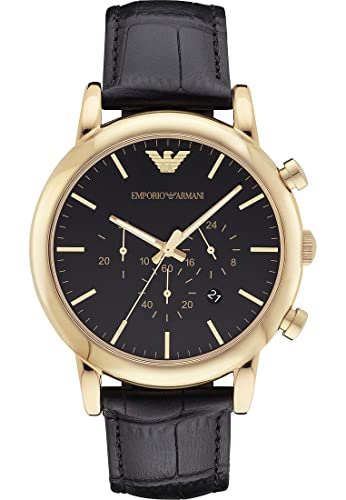 Emporio Armani Watch For Men, Chronograph Movement and 46mm Case Size with Stainless steel, Leather or Silicone strap Schwarz und Goldton , 46MM