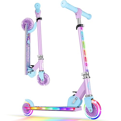 BELEEV V2 Roller Kinder Scooter 6 Jahre, Upgrade mit LED Leuchtenden Rädern, Lenksäule und Deck, Höhenverstellbar, Hinterradbremse, Faltbare Scooter Kinder 4 Jahre Mädchen Jungen, für 3-12 Jahren