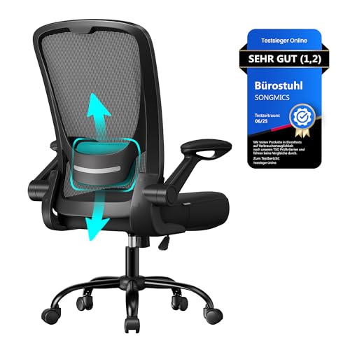 SONGMICS Bürostuhl ergonomisch, Drehstuhl mit Mesh, Lenden- und Kopfstütze, Wippfunktion, 53 cm große Sitzfläche, klappbare Armlehnen, Arbeits- und Schlafzimmer, Studenten, schwarz OBN37BK