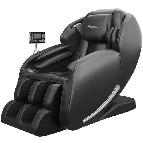Real Relax massagesessel ganzkörpermassage mit wärmefunktion, Zero Gravity 3D-Robotische Hände SL Track Shiatsu-massagestuhl Liegefunktion und Rückenheizung, Body Scan, Bluetooth, Fußrolle, Schwarz