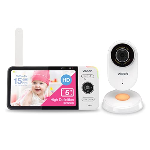VTech VM818HD Babyphone mit Kamera, HD blendfreie Nachtsicht, Video-Babyphone mit 12,7 cm (5 Zoll) 720p HD-Display, Nachtlicht, 110°-Weitwinkelansicht, True-Color-Tagessicht, 300 m Reichweite, 2